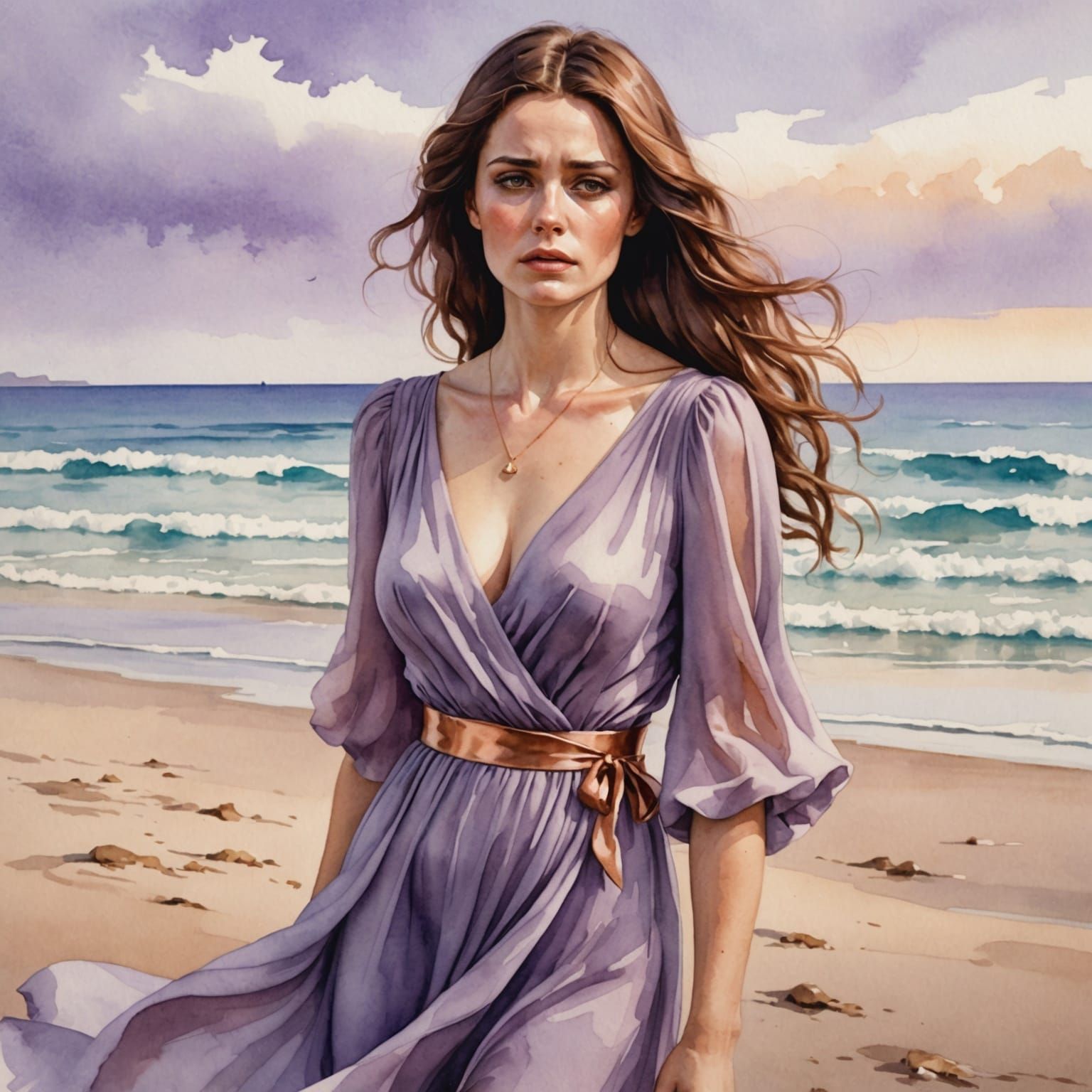 Woman Crying on Beach in Watercolor Style
