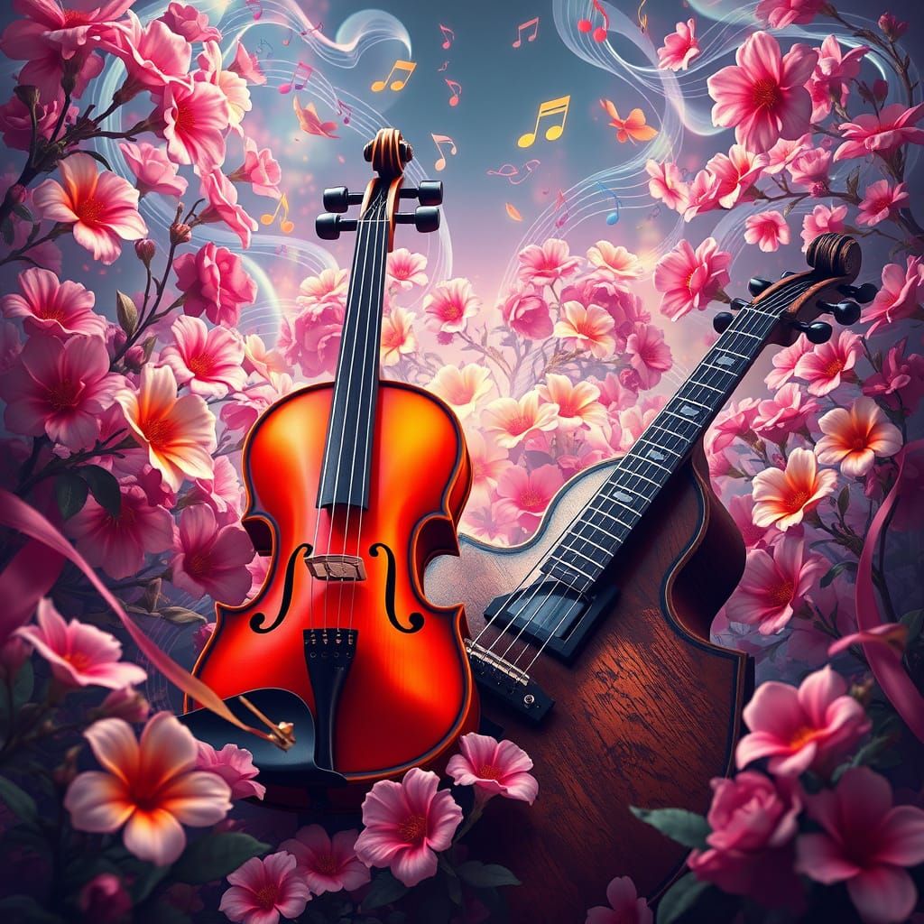 Explore a vibrant and artistic illustration showcasing violins and a guitar, surrounded by blooming flowers and musical ...