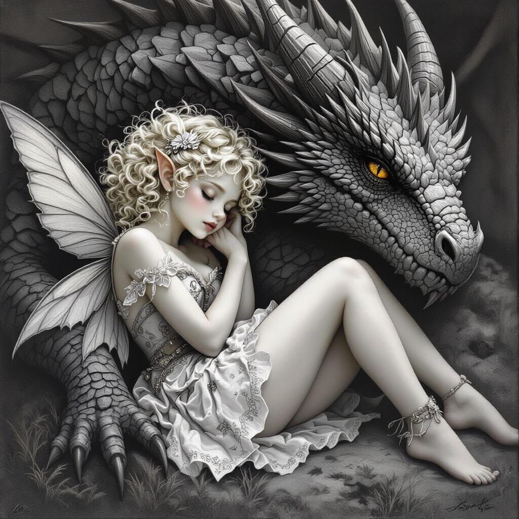 Monochrome Fairy Asleep with Dragon Guardian