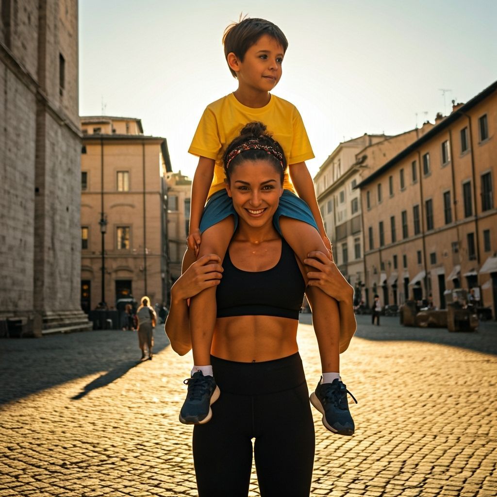 Boy Rides Shoulders of Athletic Italian Woman in Roman Plaza