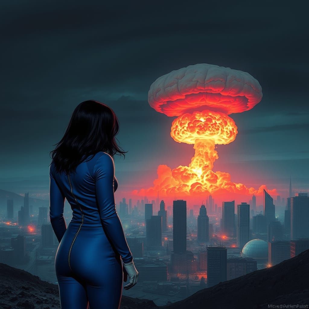Cyberpunk Vault Dweller Observes Nuclear Blast in Ruined Cit...