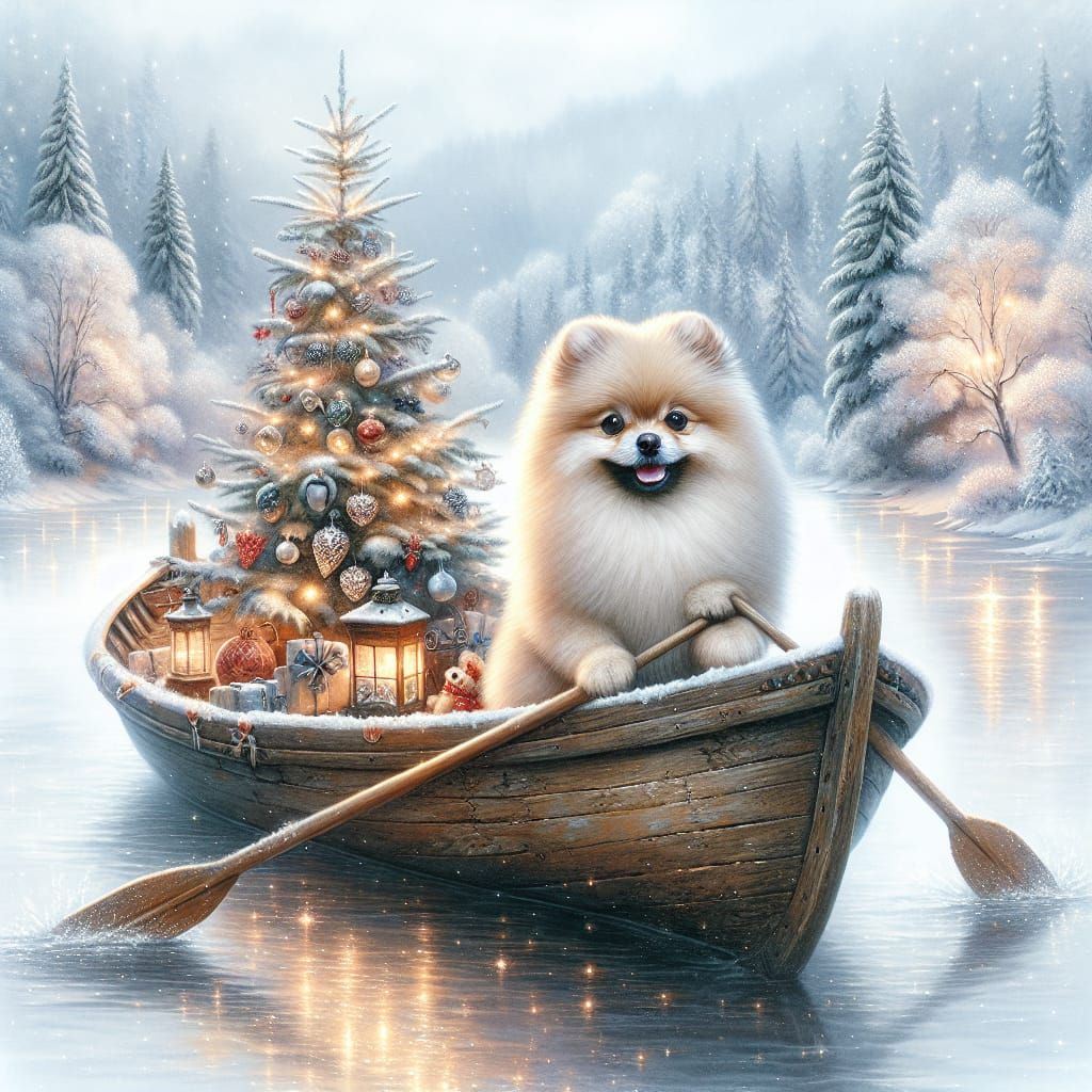 Serene Winter Wonderland with Pomeranian and Christmas Tree