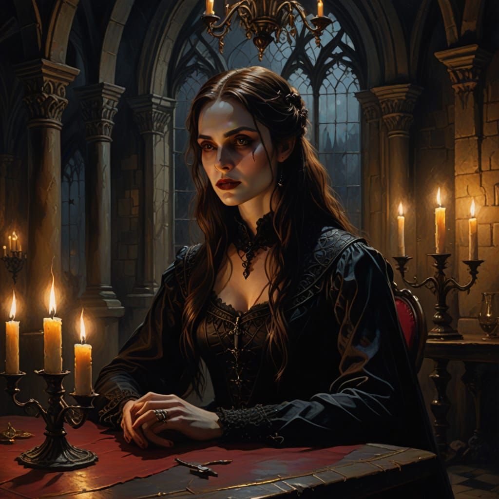 Female Vampire in Gothic Castle Oil Painting