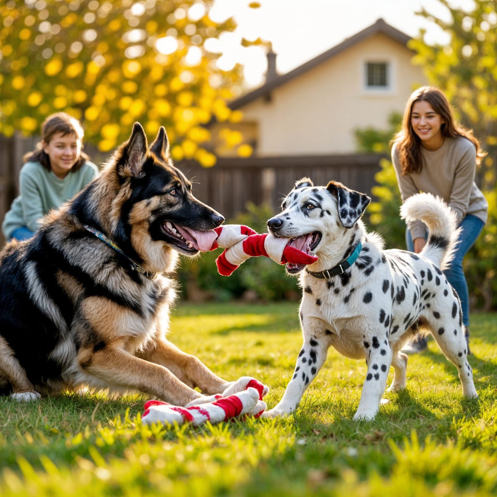 German Shepherd and Dalmatian Play Tug-of-War