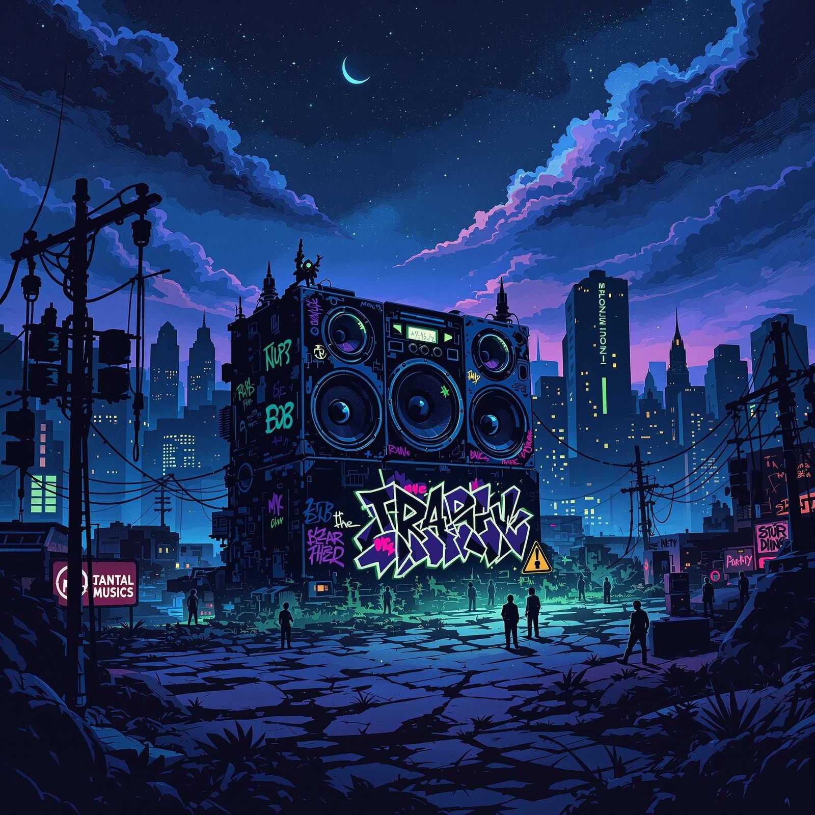 Gritty Cityscape Drenched in Trap Music Energy