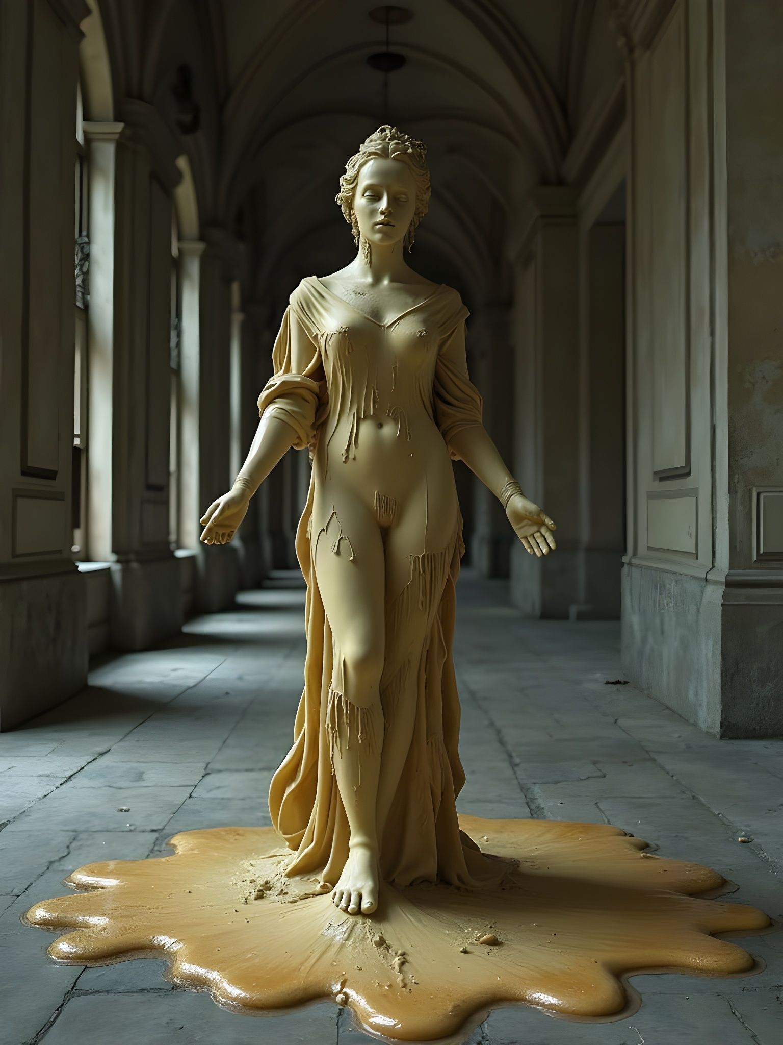 Melting Wax Statue in Abandoned Hall: Art Brut Style