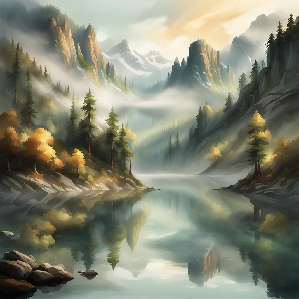 Misty Mountain Landscape in Atmospheric Digital Art