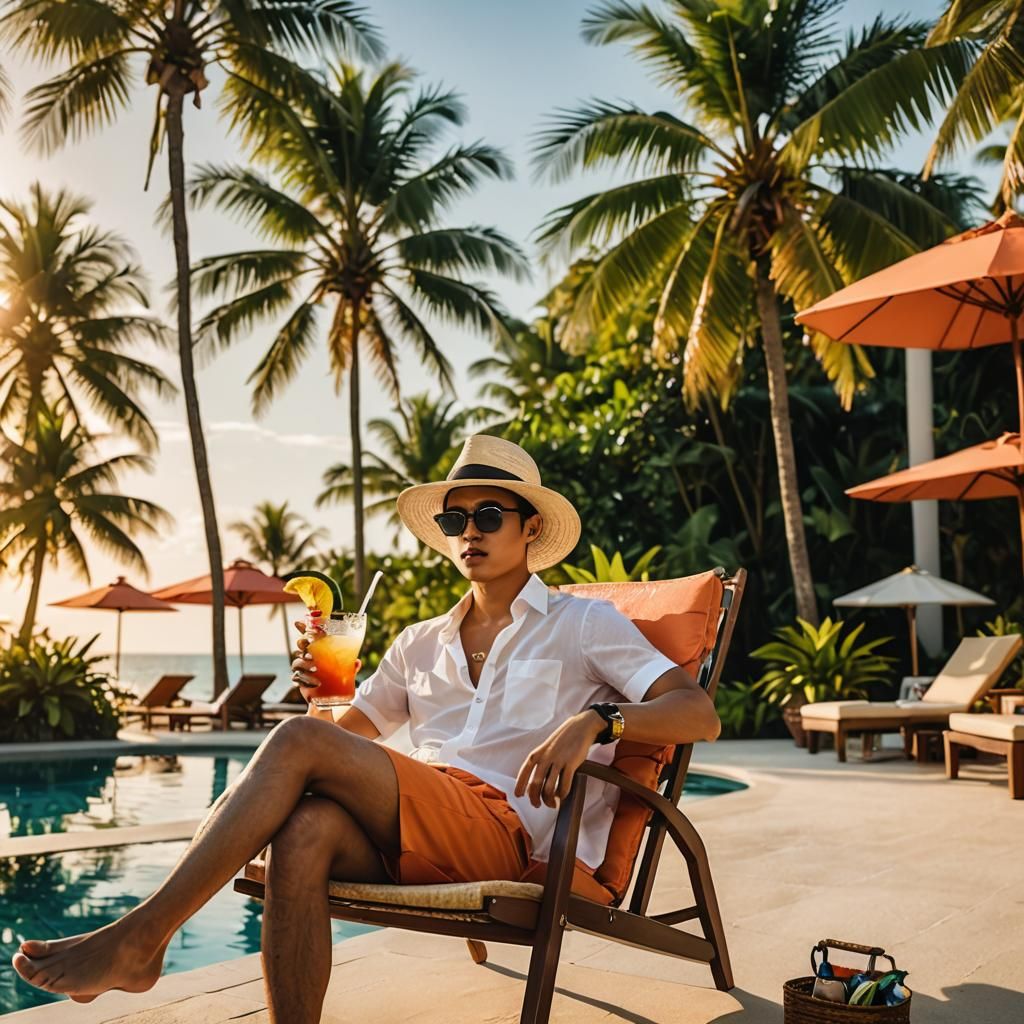 Relaxed Androgynous Person Lounging at Luxury Beach Resort
