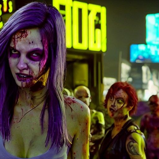 Zombies Devouring Purple Pizza in Cyberpunk Neon