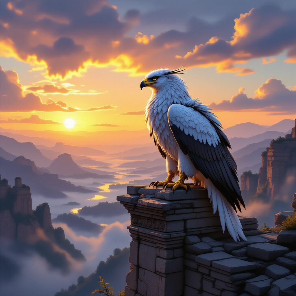 Majestic Griffin Perched on Ancient Ruins at Golden Hour