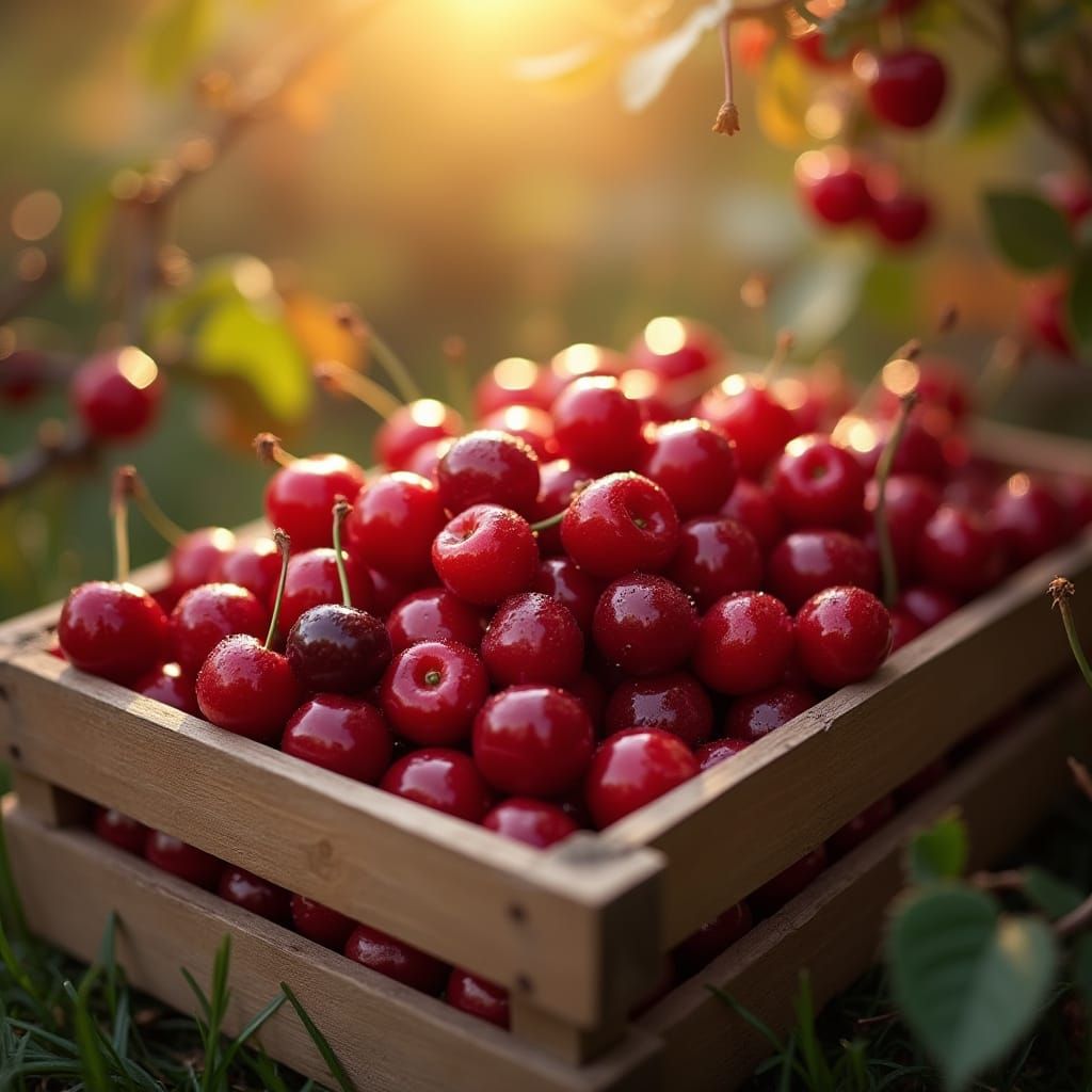 Fresh Red Cherries in Wooden Crate: Studio Quality Photo
