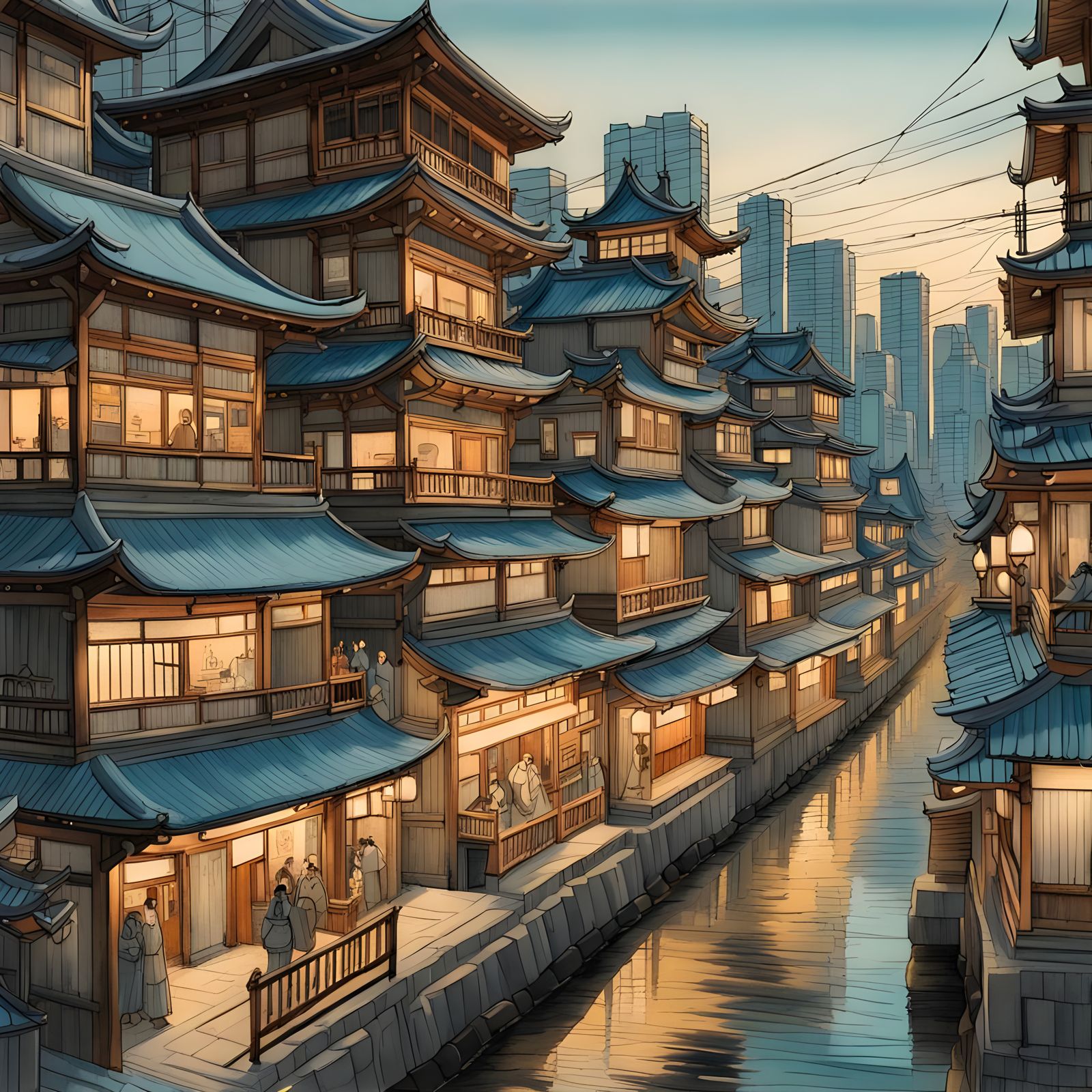 Detailed Architectural Sketch of Old Japanese City