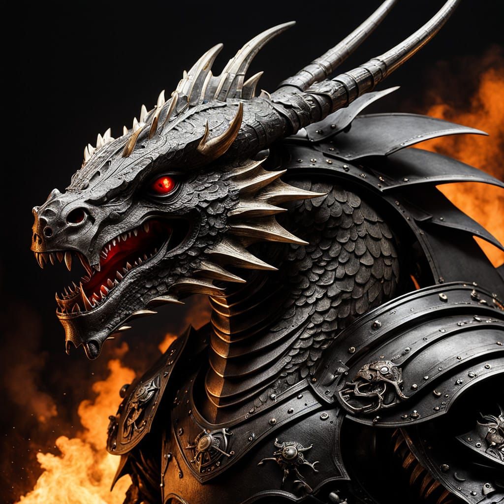 Dark Gothic Knight in Black Armor Fights Fiery Dragon