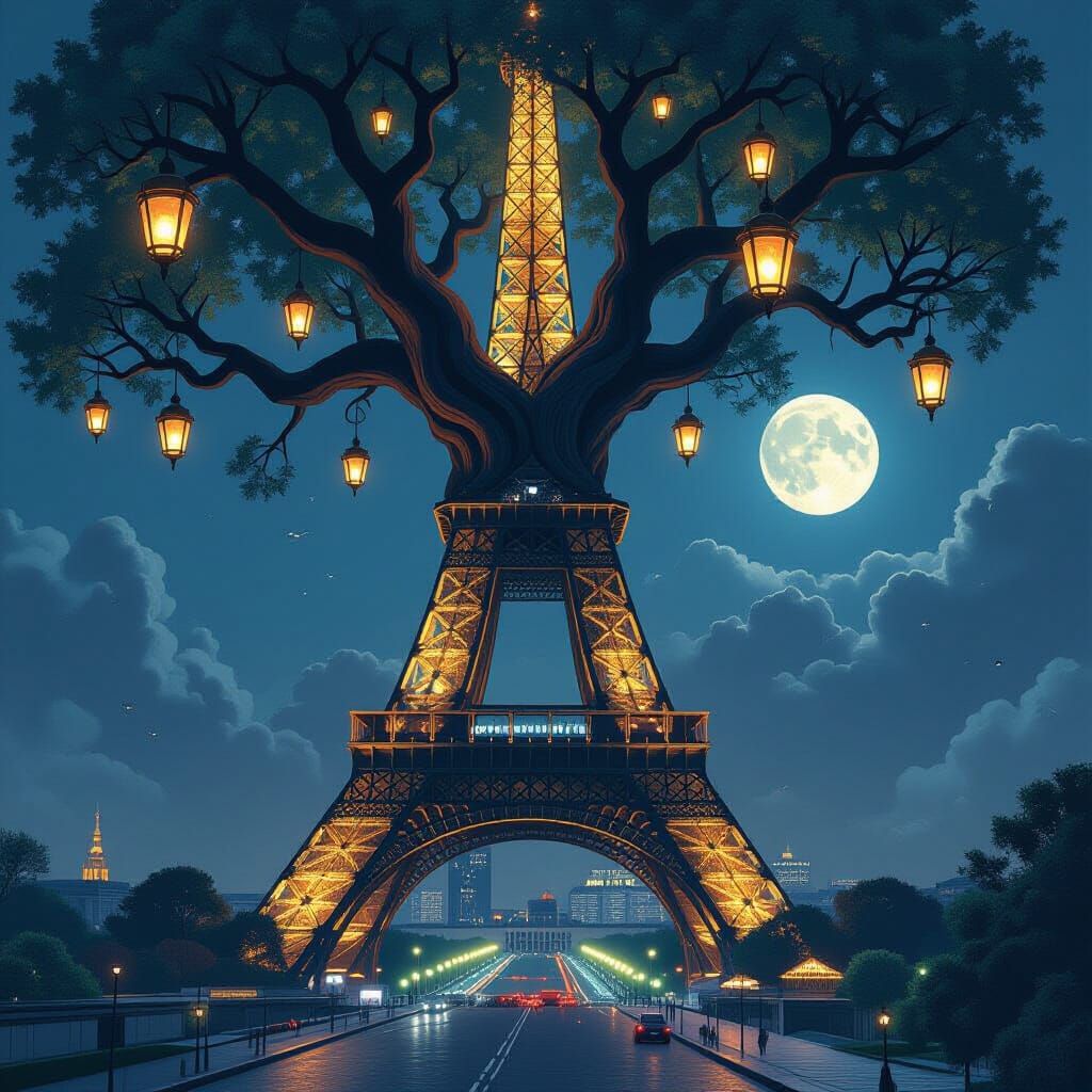 Eiffel Tower as Ancient Tree with Glowing Cities