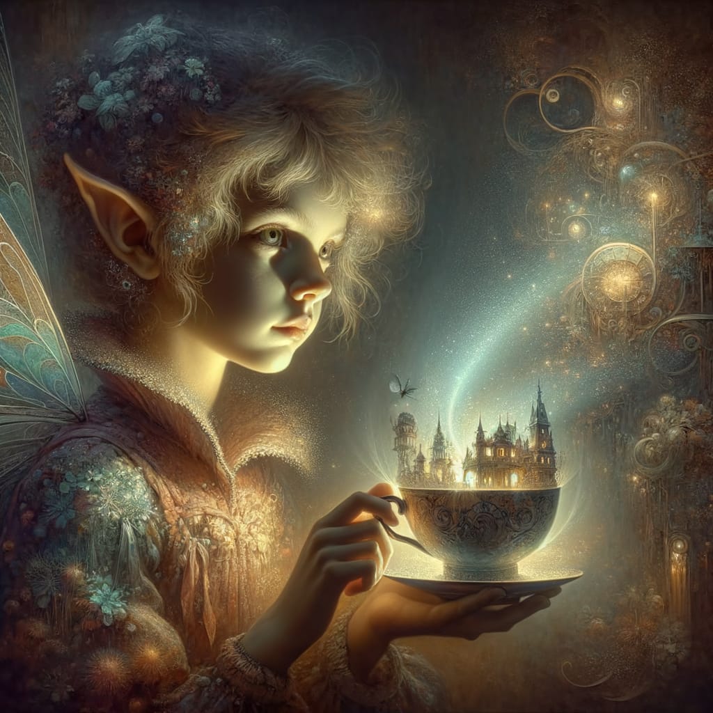 Fairy Gazing into Teacup Village: 1800s Oil Painting