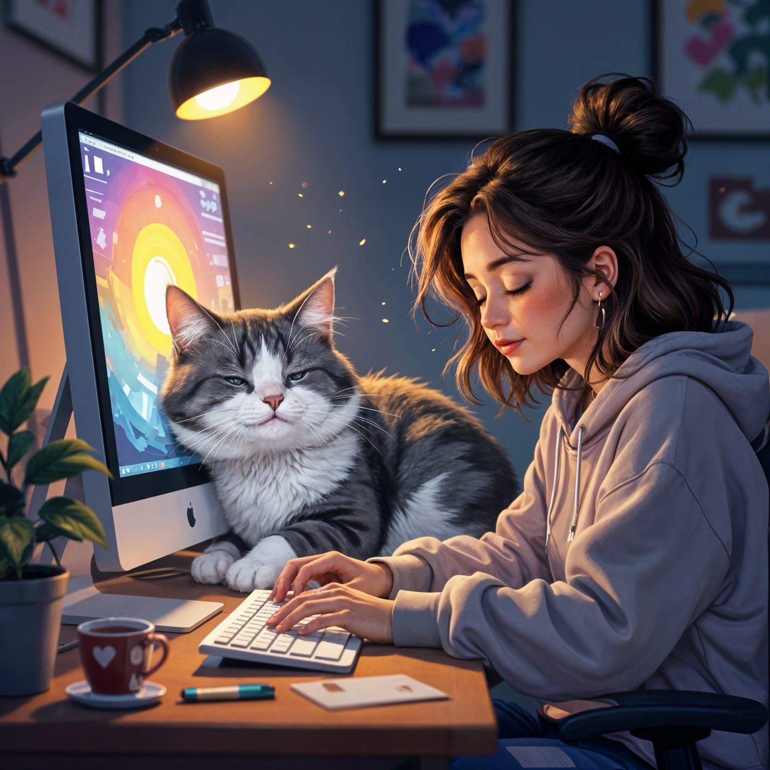 Cozy Scene of Cat Napping on Monitor While Girl Works