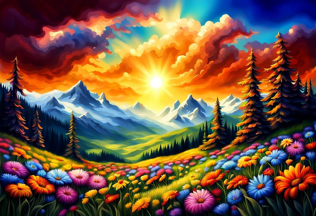 Colorful Alpine Meadow in Sunlight: Airbrush Art