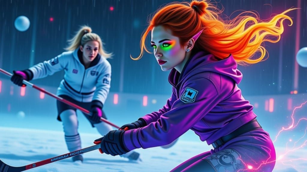 Alien Princess Field Hockey Game in Cyberpunk Style
