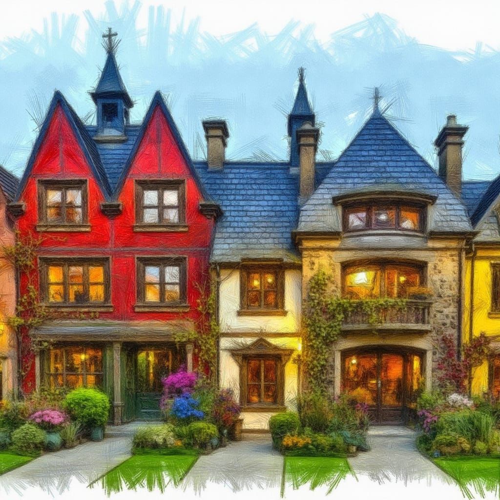 Charming Houses with Turrets in Red, Blue, Yellow