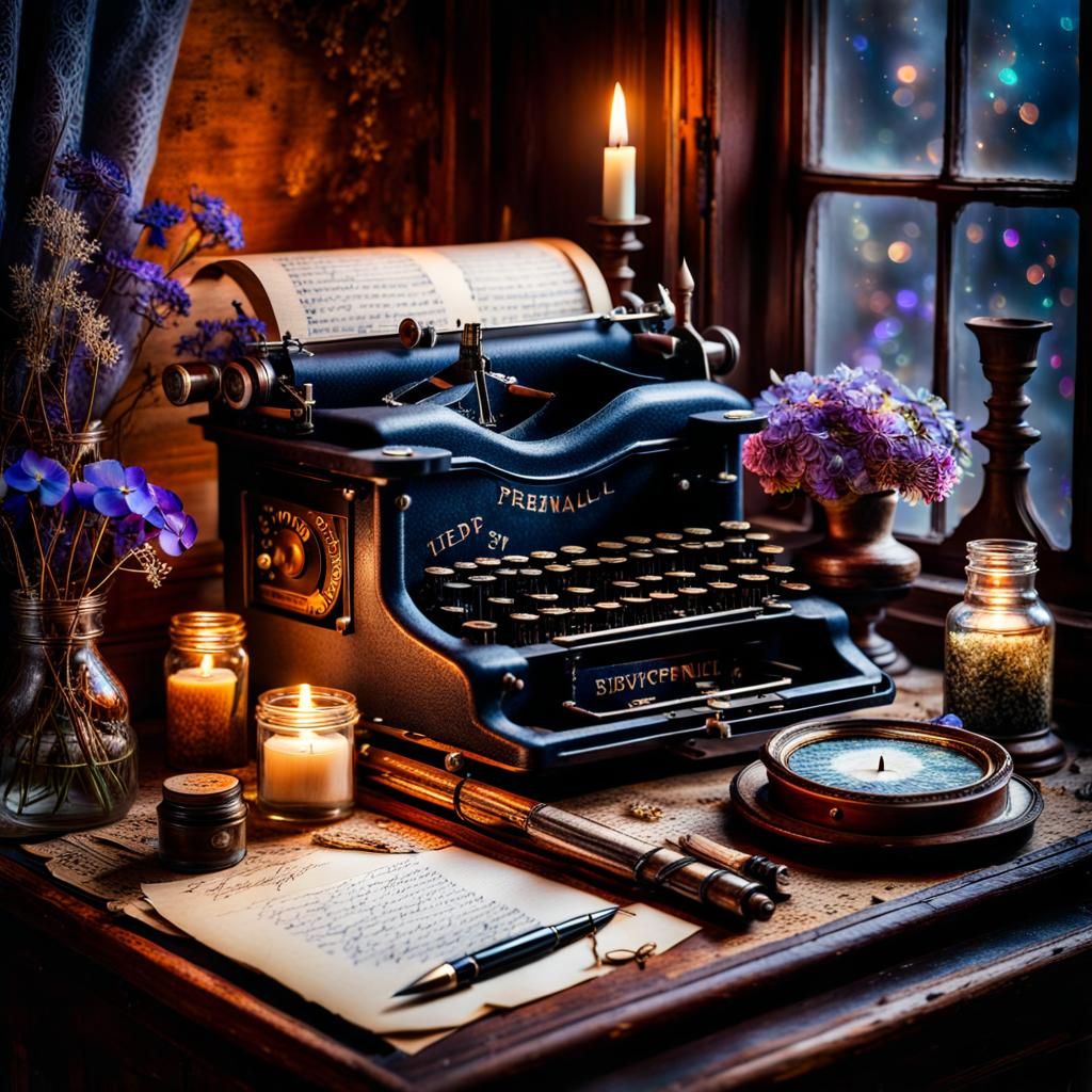 Poet's Antique Workplace with Flowers and Soft Light
