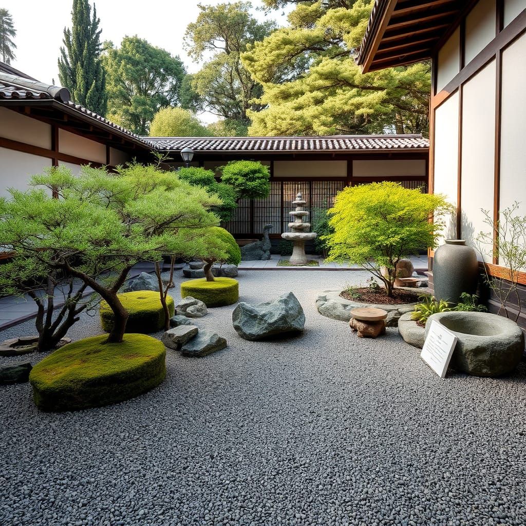 Tranquil Zen Garden With Raked Sand and Moss