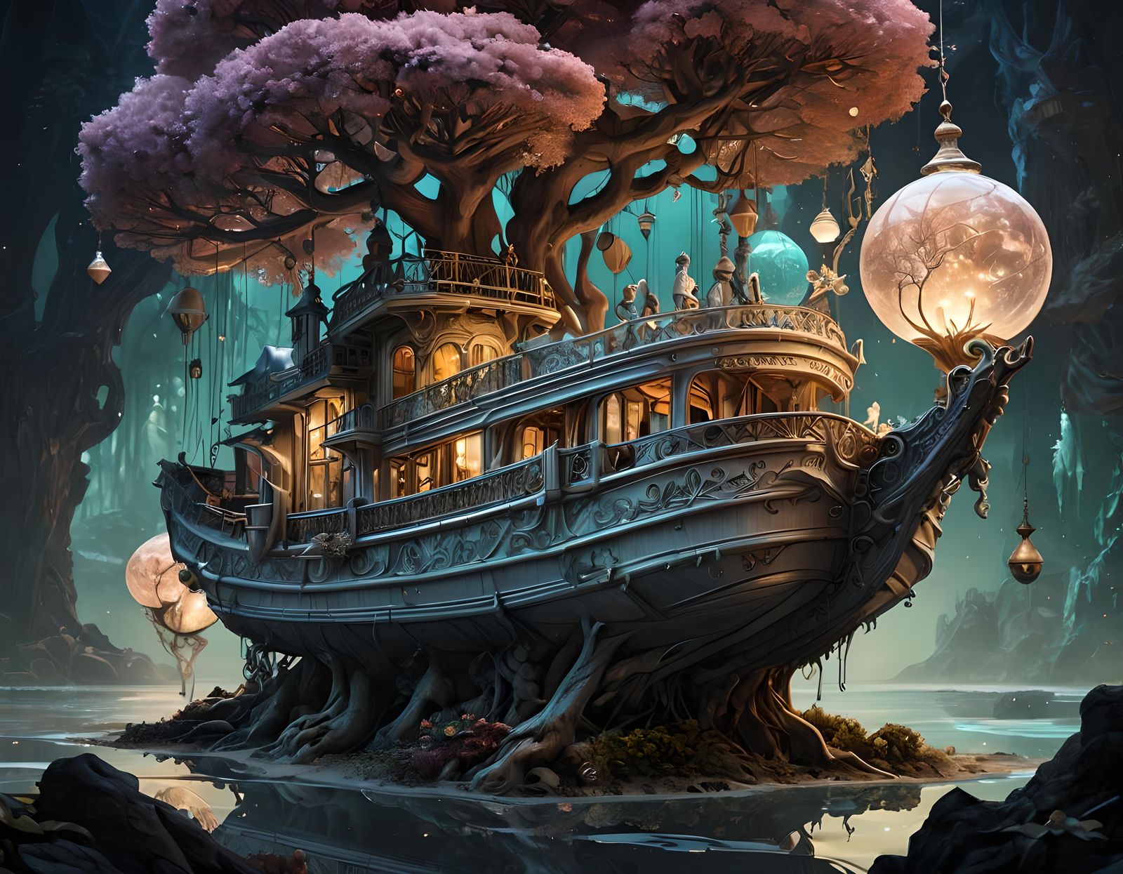 Fairytale Bonsai Boat: Rococo Gothic Concept Art