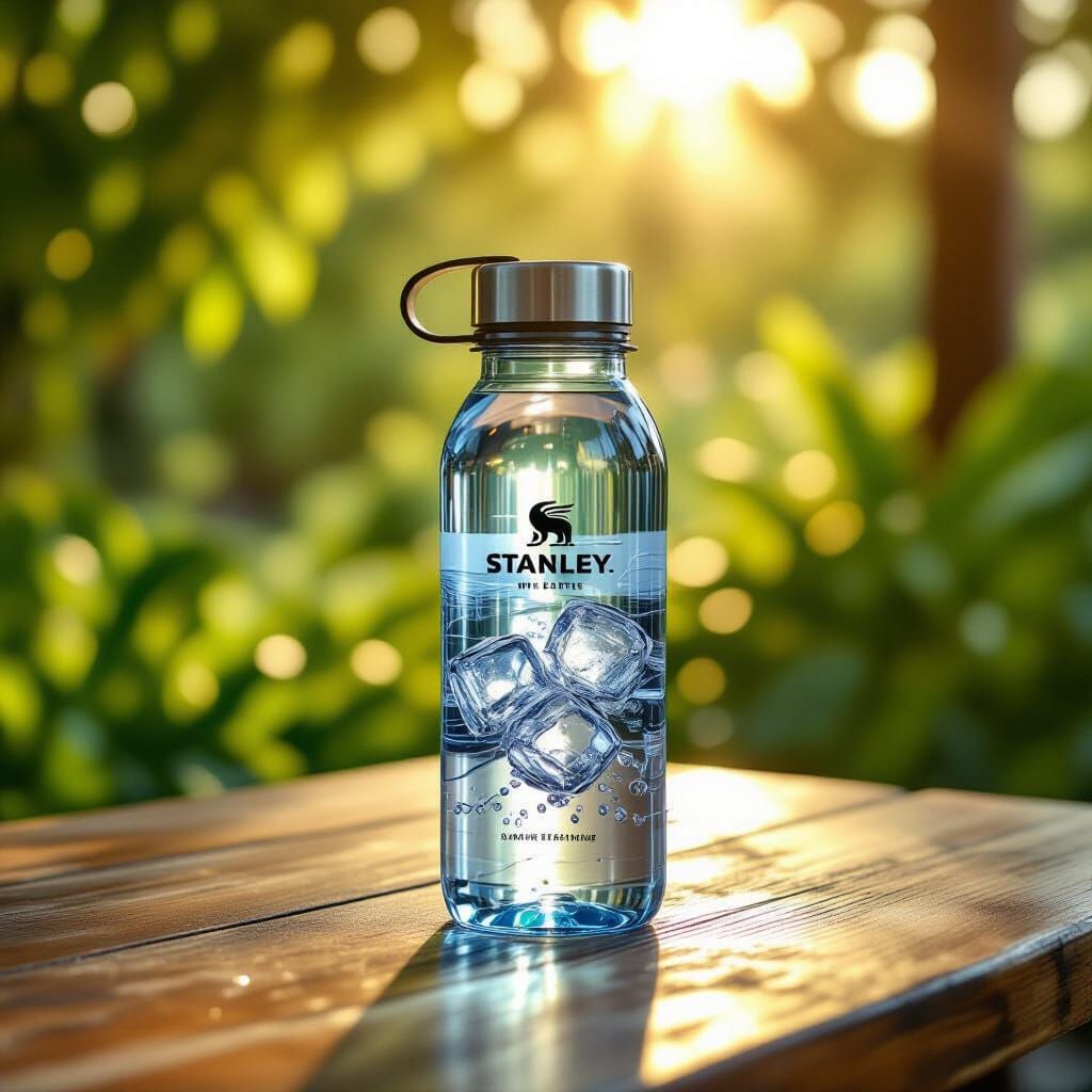 Stanley Bottle on Rustic Table, Photorealistic Style