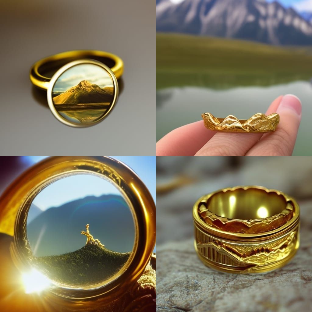 Golden Ring with Elvish Inscriptions and Fantasy Landscape