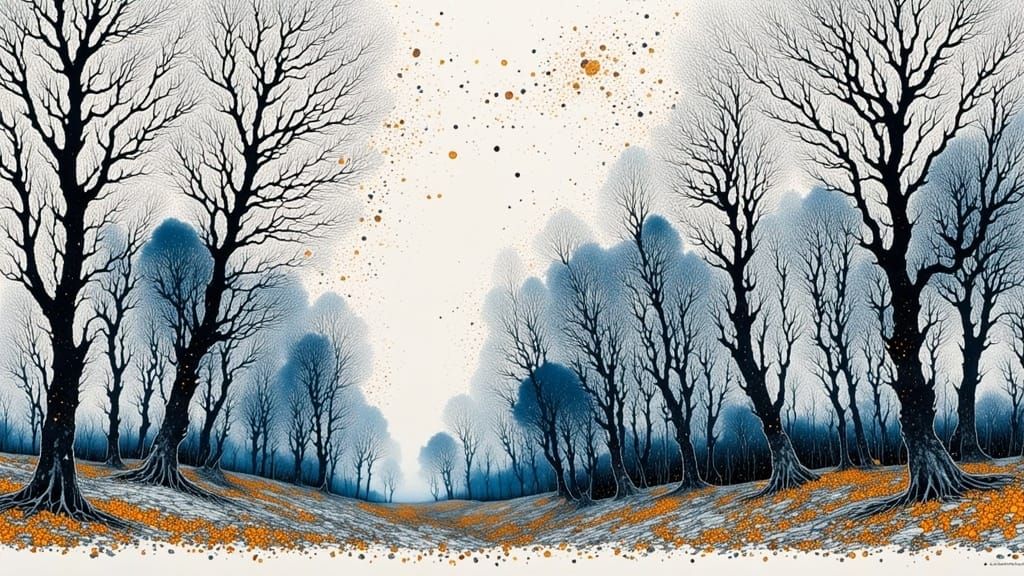 Autumn Leaves Fall in First Frost, Blue Ink Drawing
