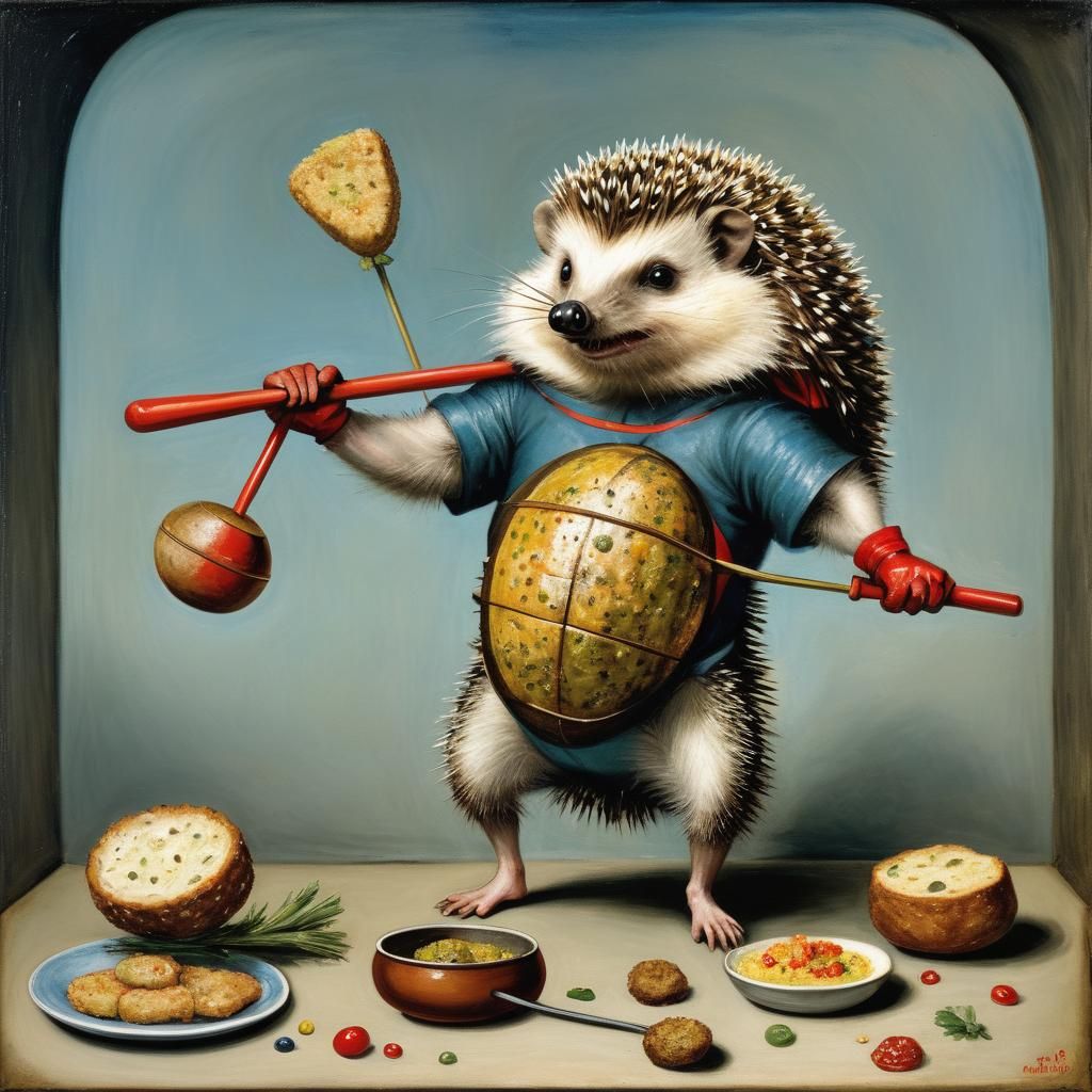 Hedgehog Weightlifter in Style of Cranach and Ensor