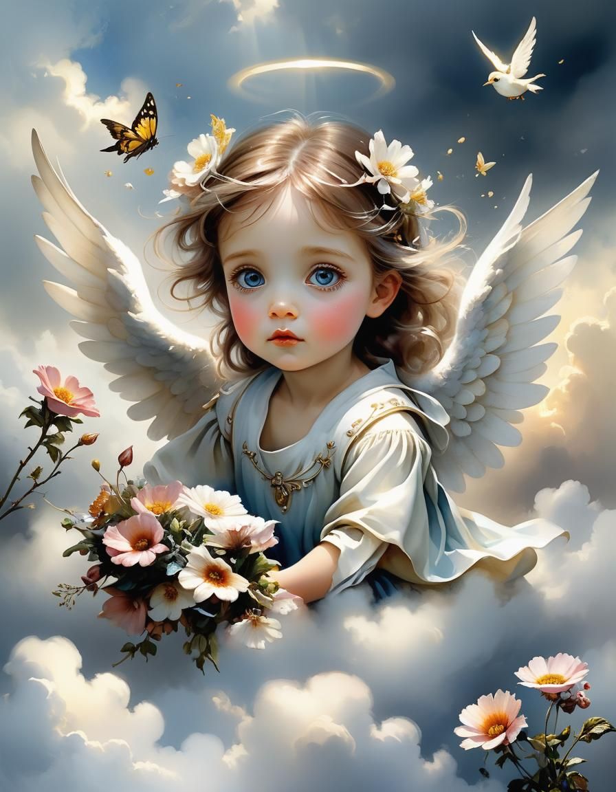 Flower Angel Flying Over Clouds in Watercolor Style