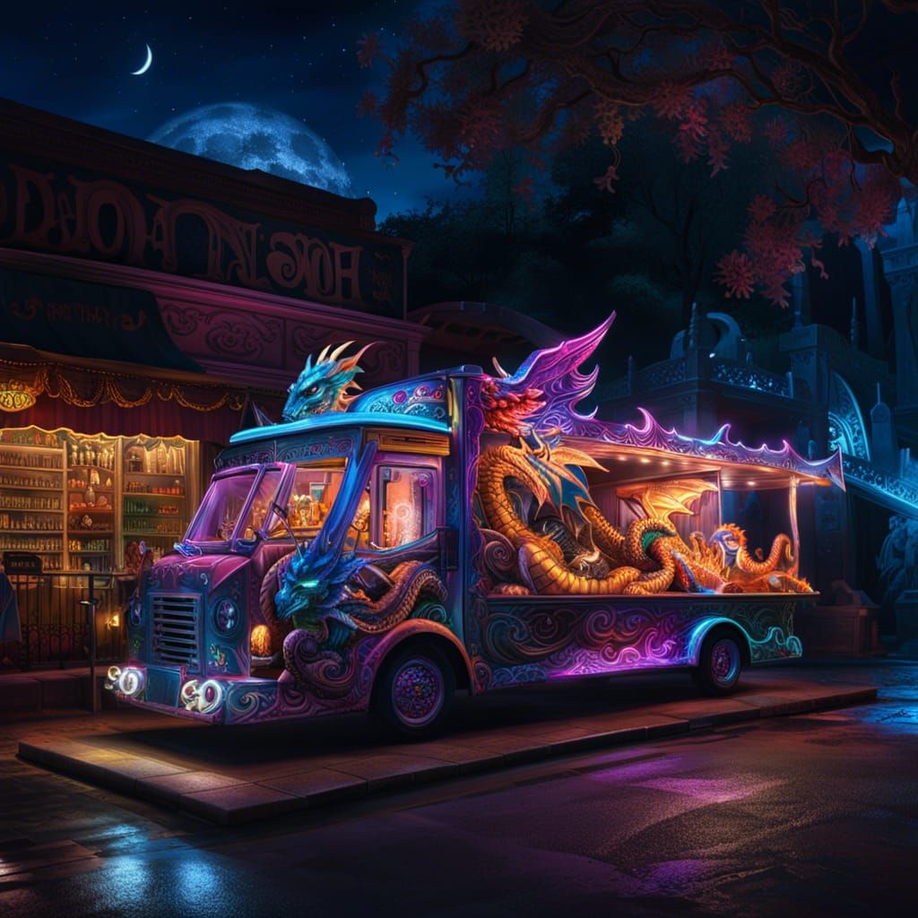Dragon Shop Truck in Moonlit Graveyard: Hyperrealistic Conce...