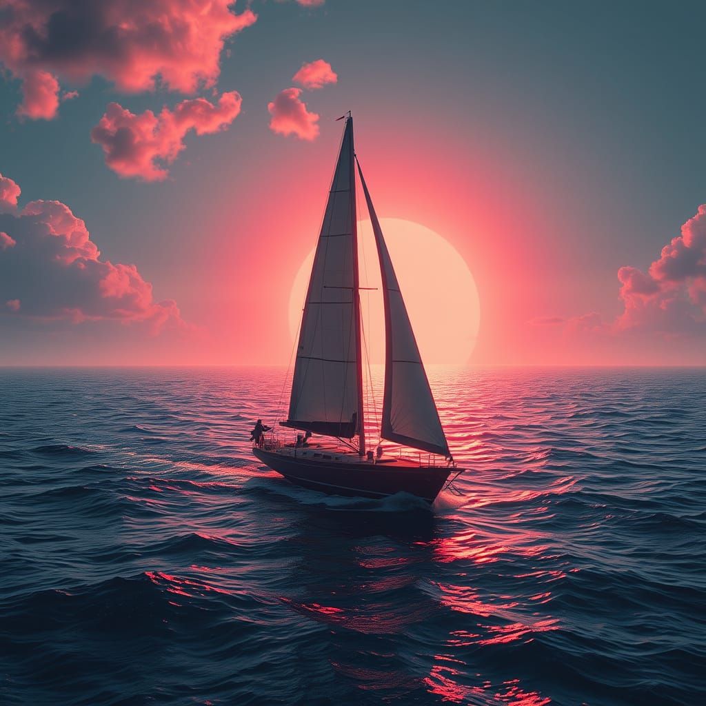 Sailboat at Red Sunset: Epic Digital Matte Painting