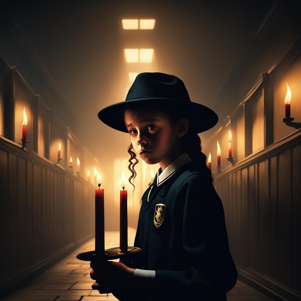 Exorcist Girl in Eerie School Hallway: Digital Art