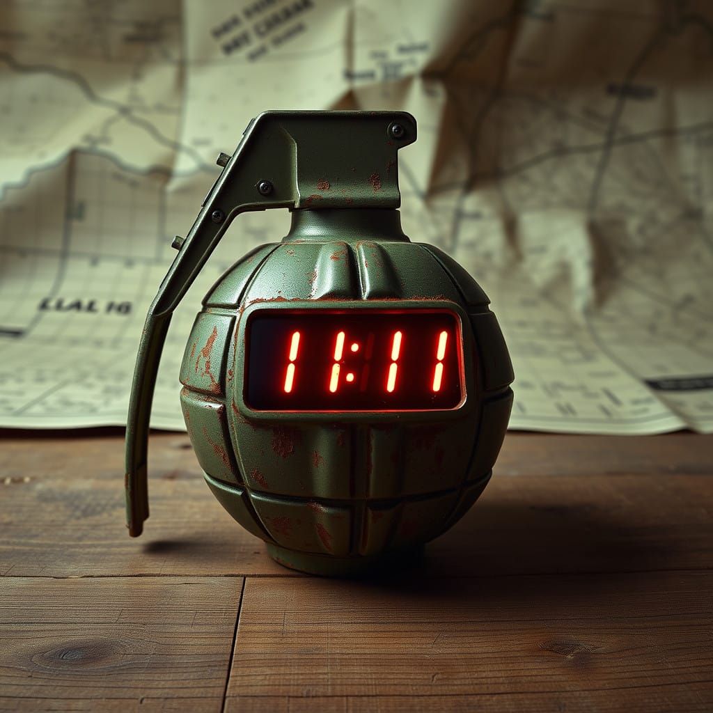 Rusty Grenade Transformed into Digital Clock on Weathered Ta...
