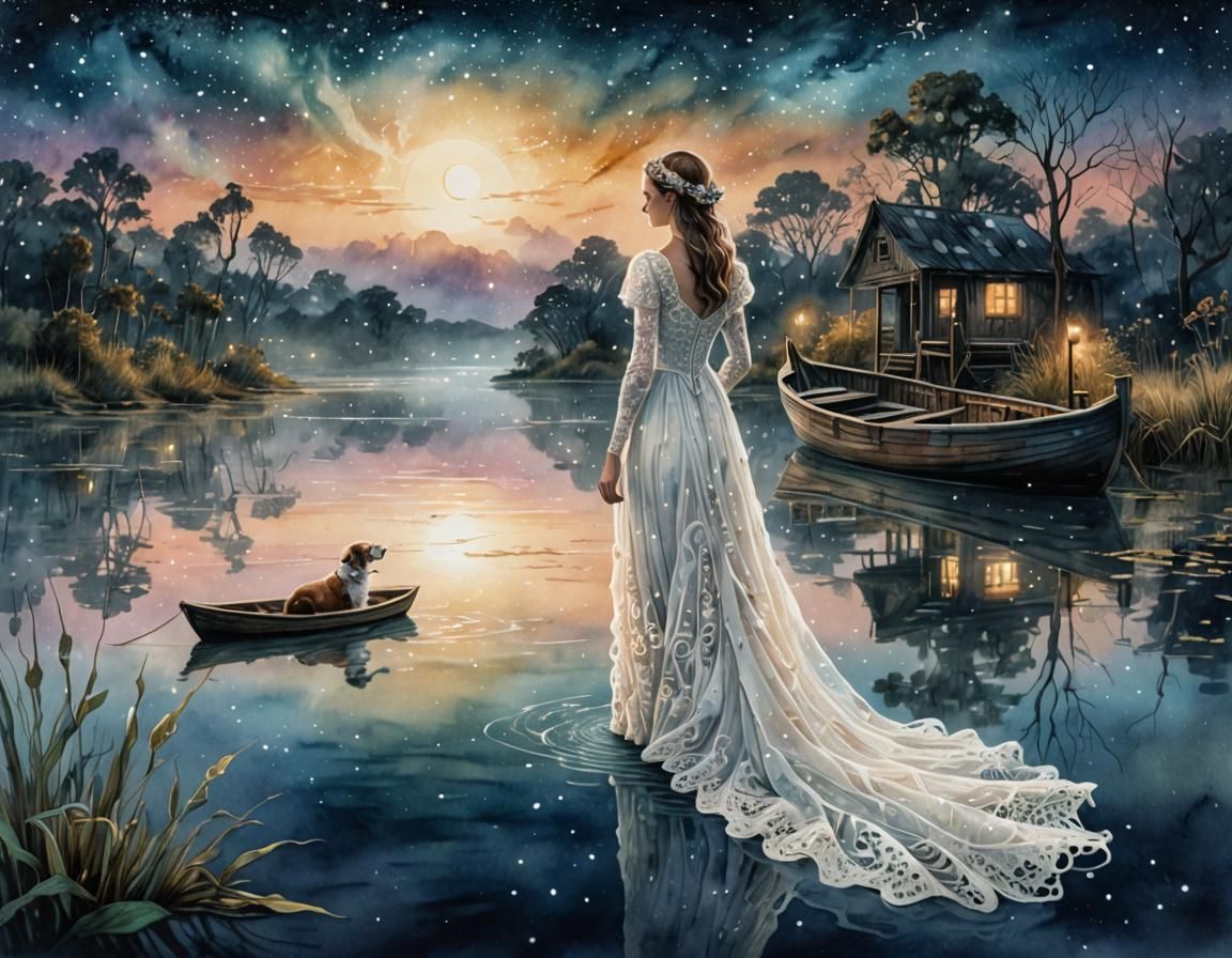 Astral Bayou Night: Cosmic Watercolor Illustration