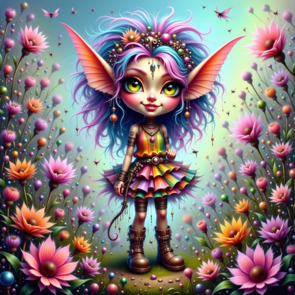 Whimsical Elf Creature in Vibrant Wildflower Meadow