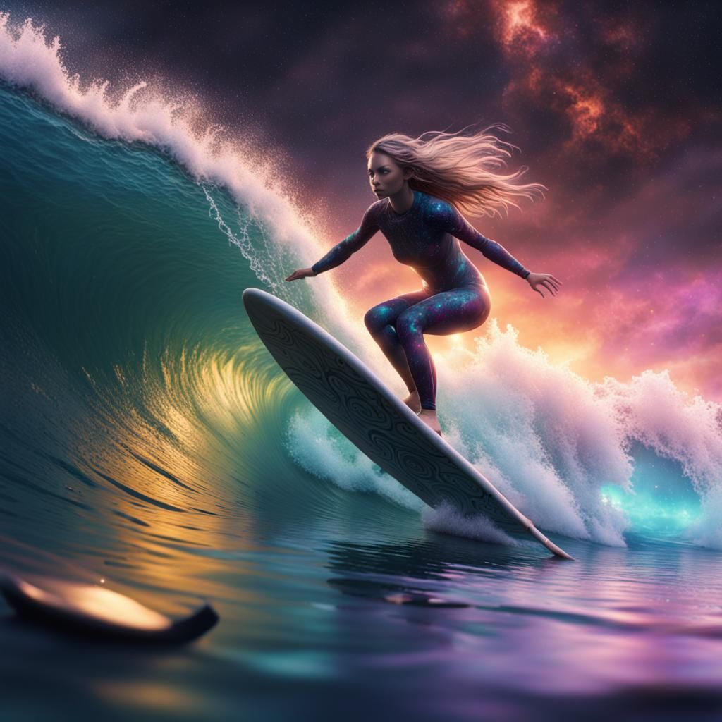 Girl Surfer Rides Galaxy Wave in Digital Painting
