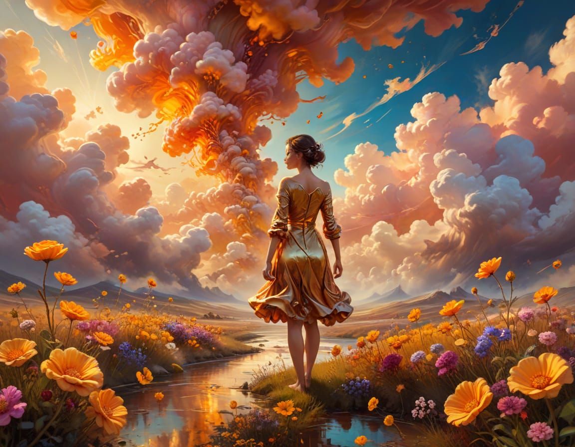 Surreal Landscape with Melting Flowers in Oil Painting