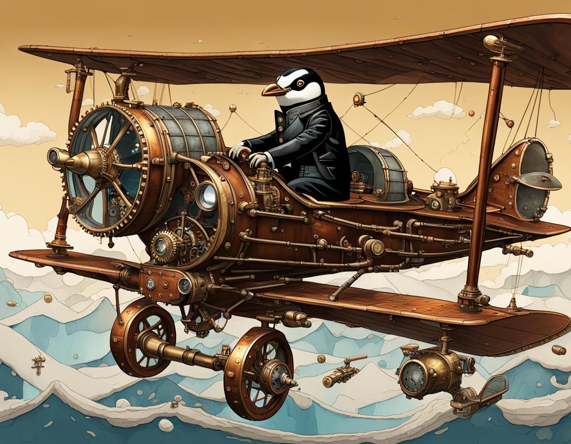 Steampunk Penguin Pilot in WWI Triplane Dogfight