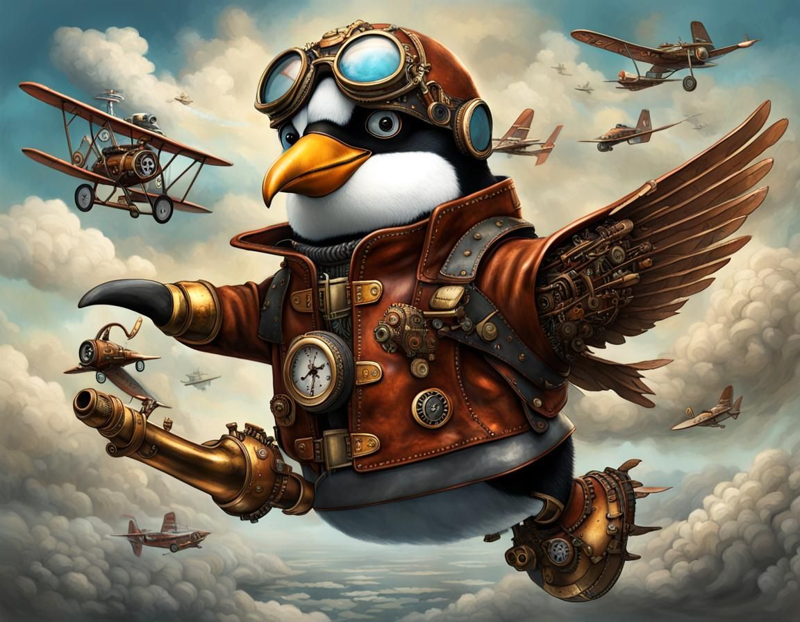 Steampunk Penguin Pilot in WWI Tri-Plane