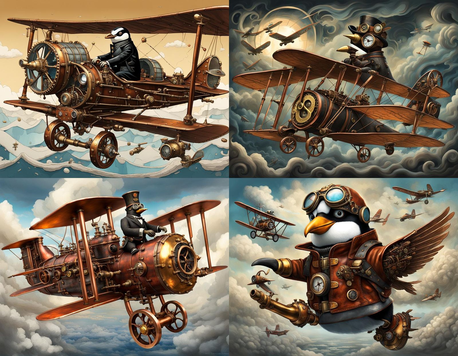 Steampunk Penguin Pilot in WWI Triplane