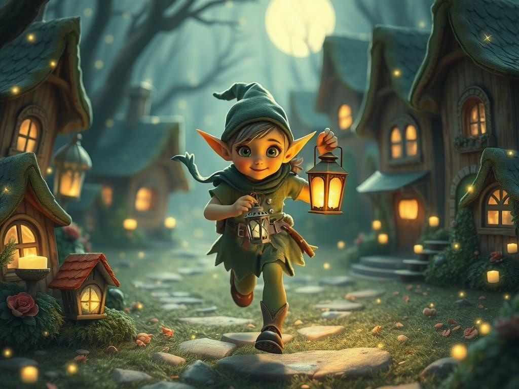 Whimsical Watercolour Fairy Village Scene at Night