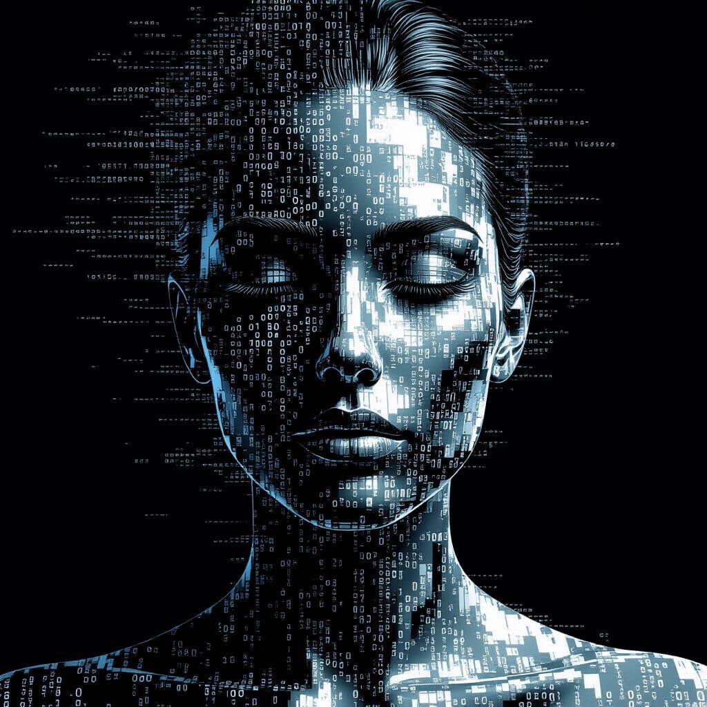 Binary Code Face Portrait in Contemporary Computer Art Style