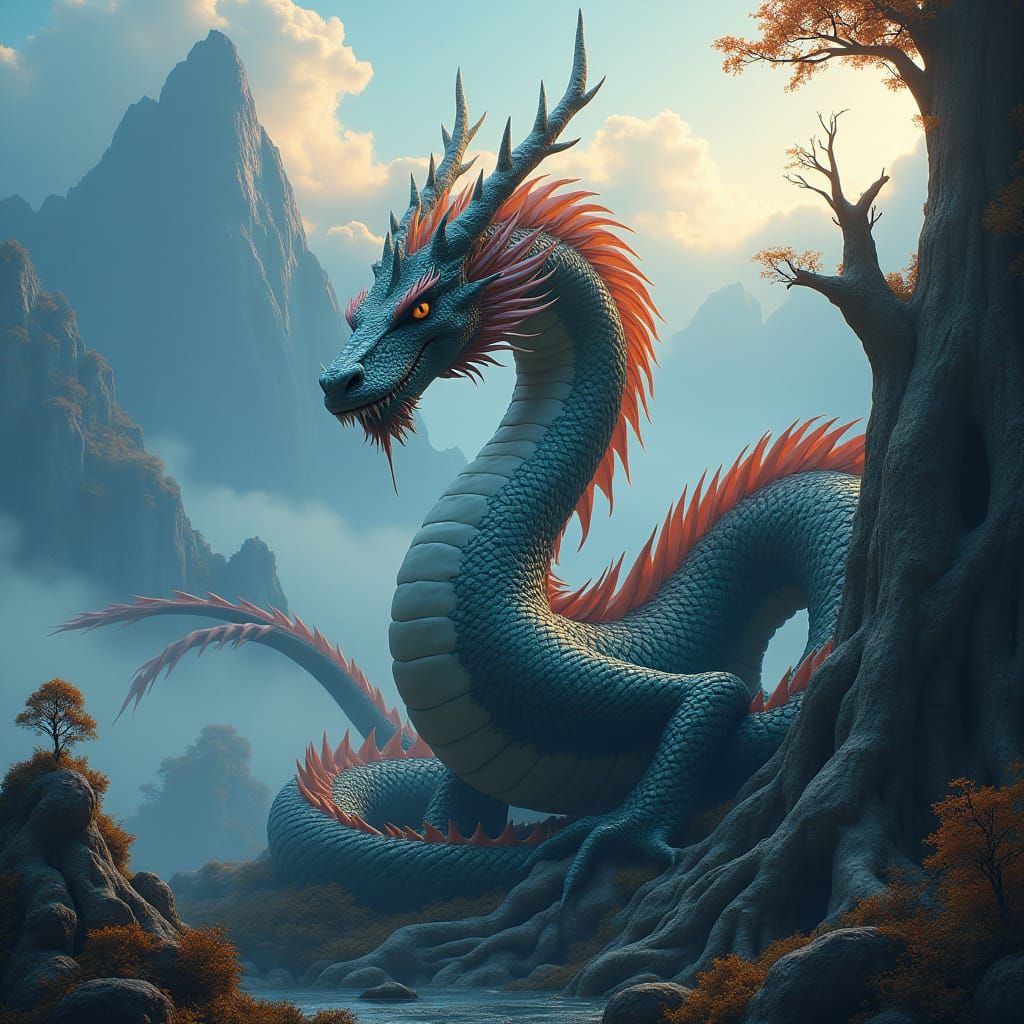 Iridescent Dragon in Mystical Mountain Landscape