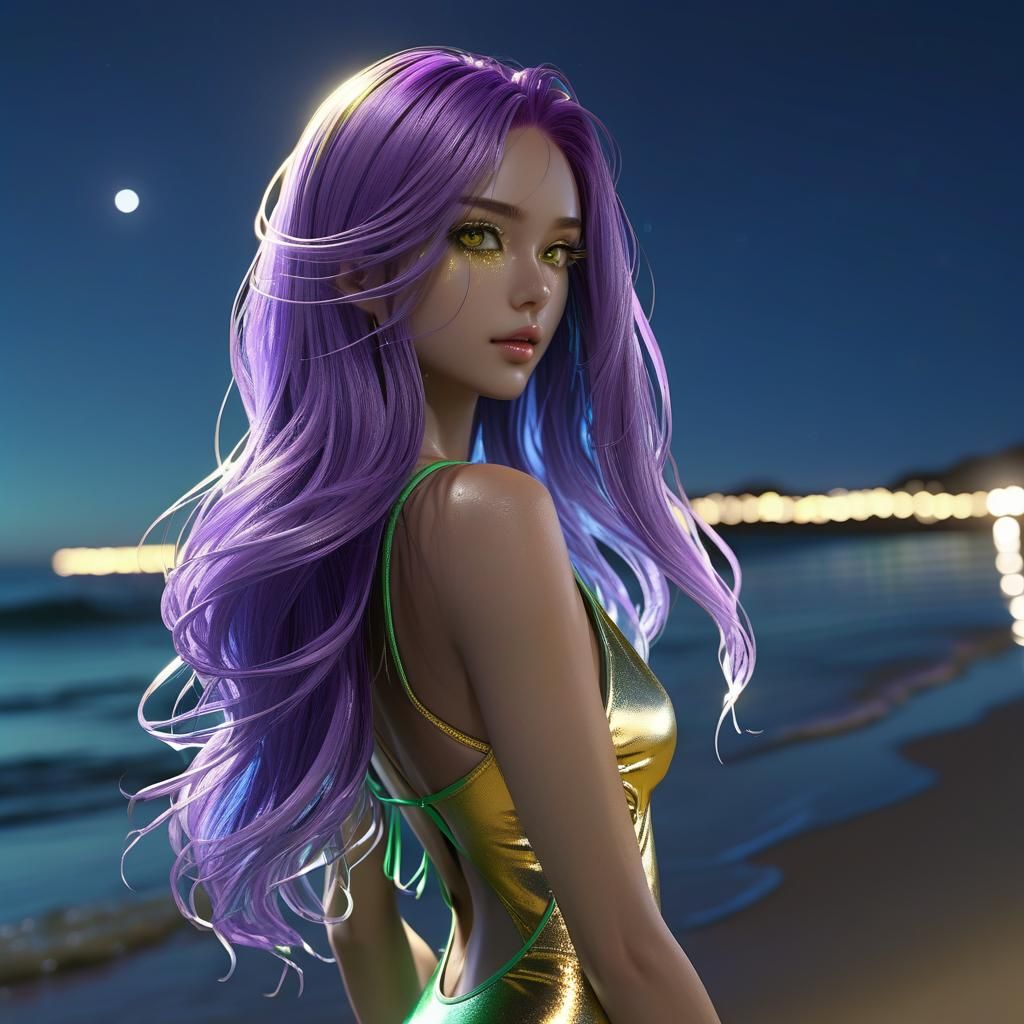 Anime Girl with Purple Hair on Beach at Night