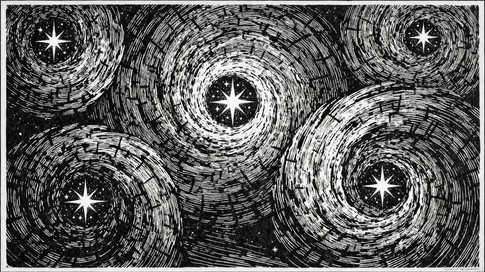 Five Swirling Vortexes with Celestial Stars in Ink