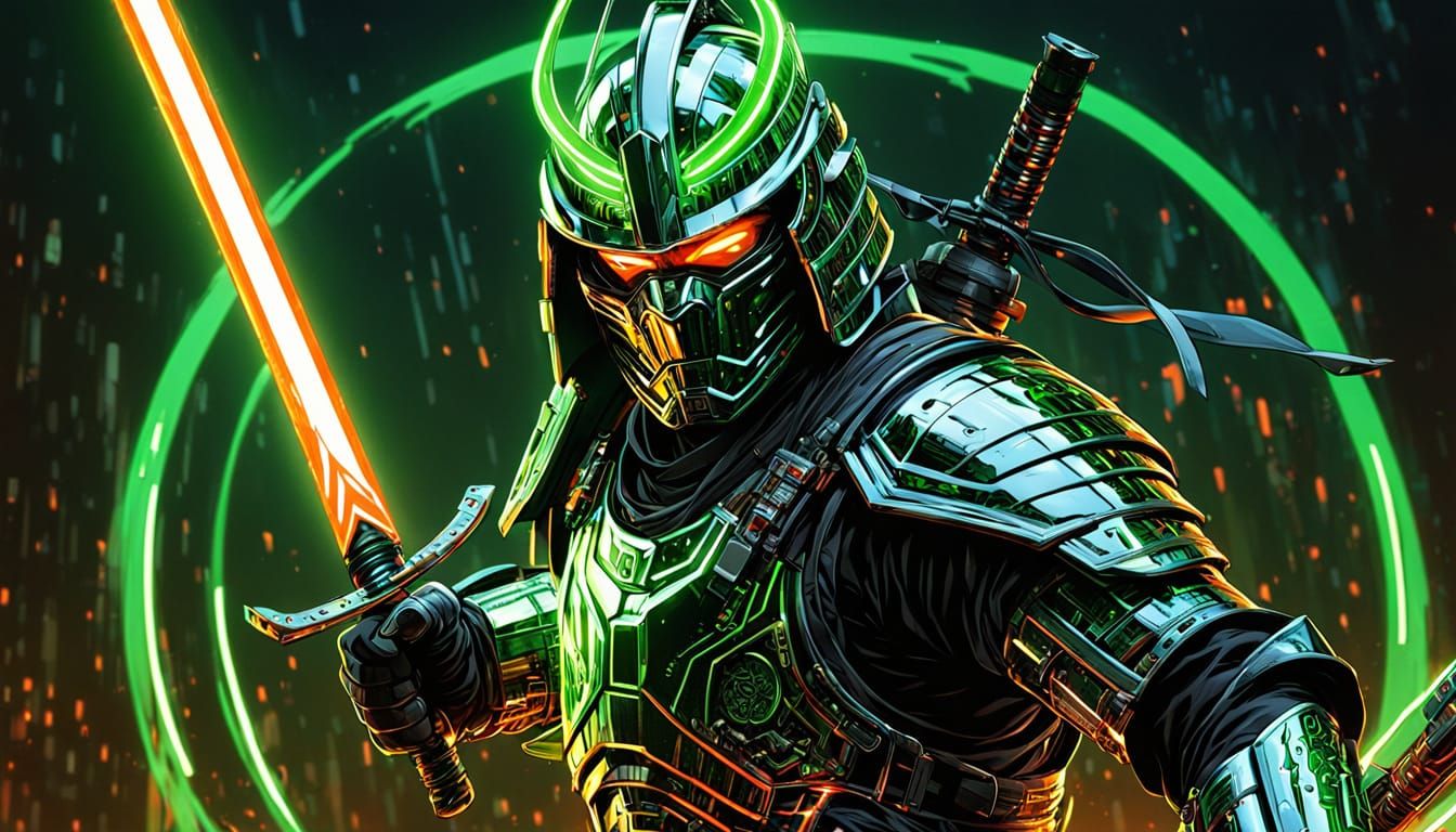 Futuristic Samurai Warrior with Neon Katana in Comic Art