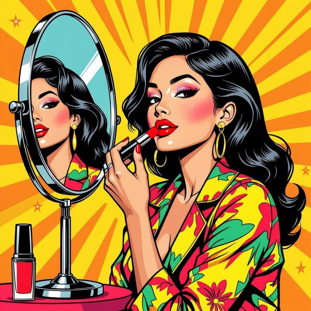 Hispanic Woman Applies Lipstick in Pop Art Style