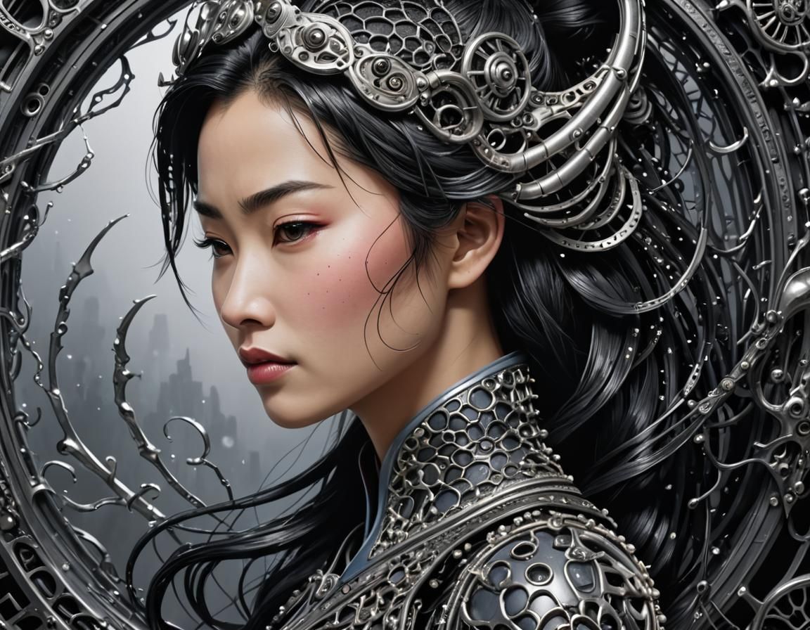 Biomechanical Mulan in Giger Style, Cyberpunk Dystopia